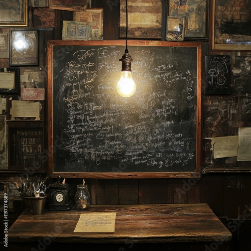 Wooden table under glowing light bulb in a rustic room with a chalkboard fill...