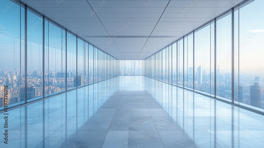 Modern empty office hallway with panoramic city view through large windows. Modern empty office hallway with panoramic city view through large windows.