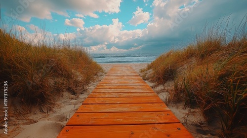 Scenic coastal pathway leading to tranquil waters surrounded by mountains and...