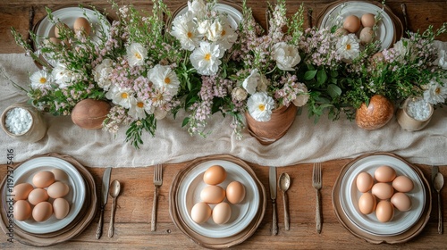 Freshly gathered eggs on a rustic table surrounded by beautiful floral arrang...