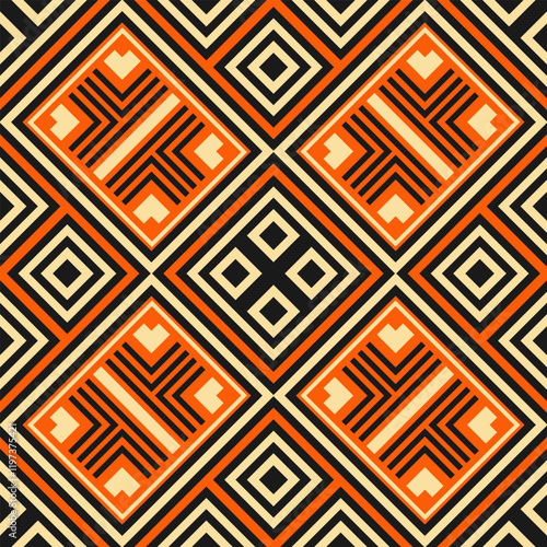 Seamless pattern with geometric black and orange composition with beige color added. Version 2. Vector illustration