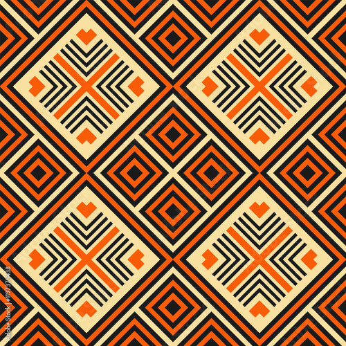 Seamless pattern with geometric black and orange composition with beige color added. Vector illustration