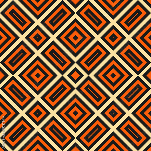 Seamless pattern with geometric black and orange composition with beige color added. Version 3. Vector illustration