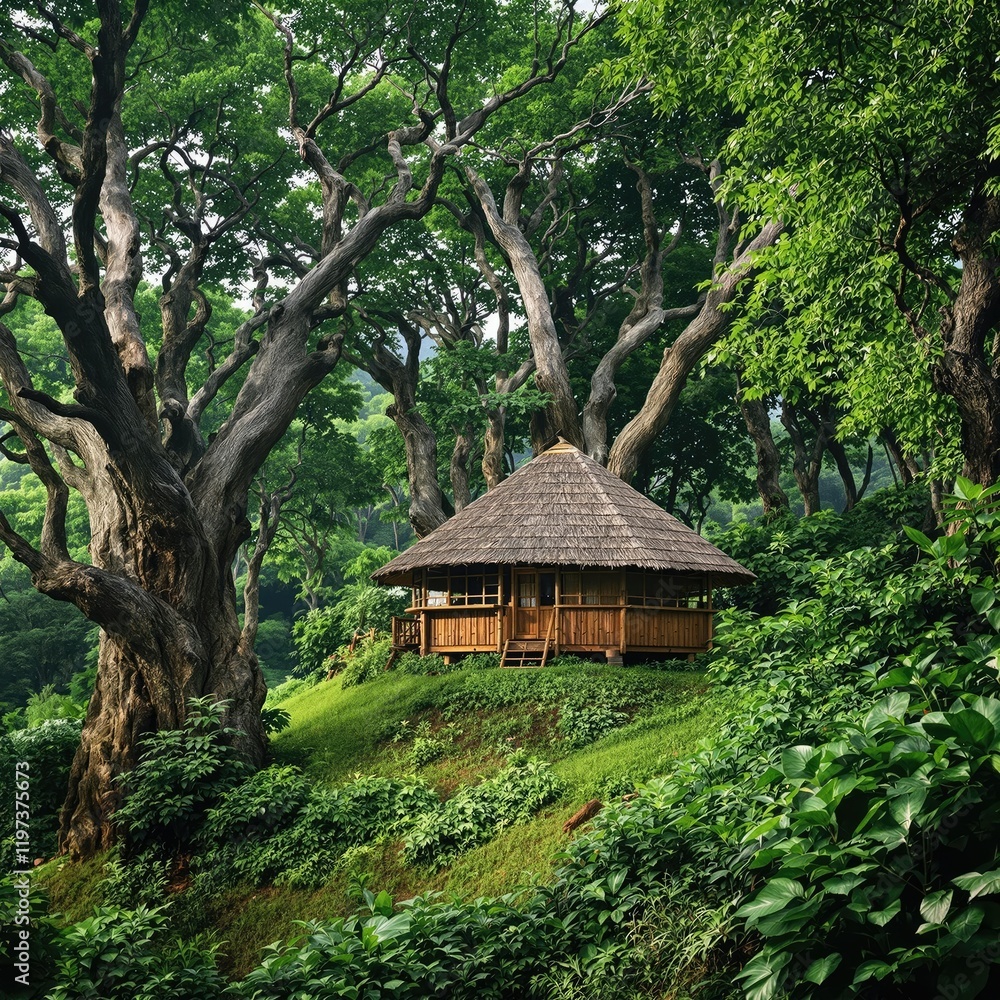 A wooden hut perched on a hillside surrounded by towering trees in the jungle, forest, rustic, hideaway
