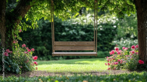 Swing hanging under lush trees surrounded by blooming roses in a serene garde...