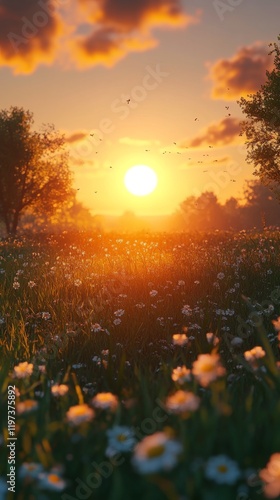 Sunset over a meadow filled with wildflowers and warm golden light on a seren...
