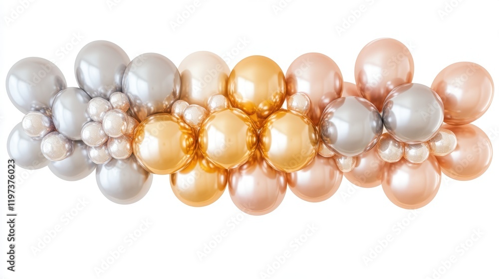 A long line of balloons in gold, silver and white A long line of balloons in gold, silver and white