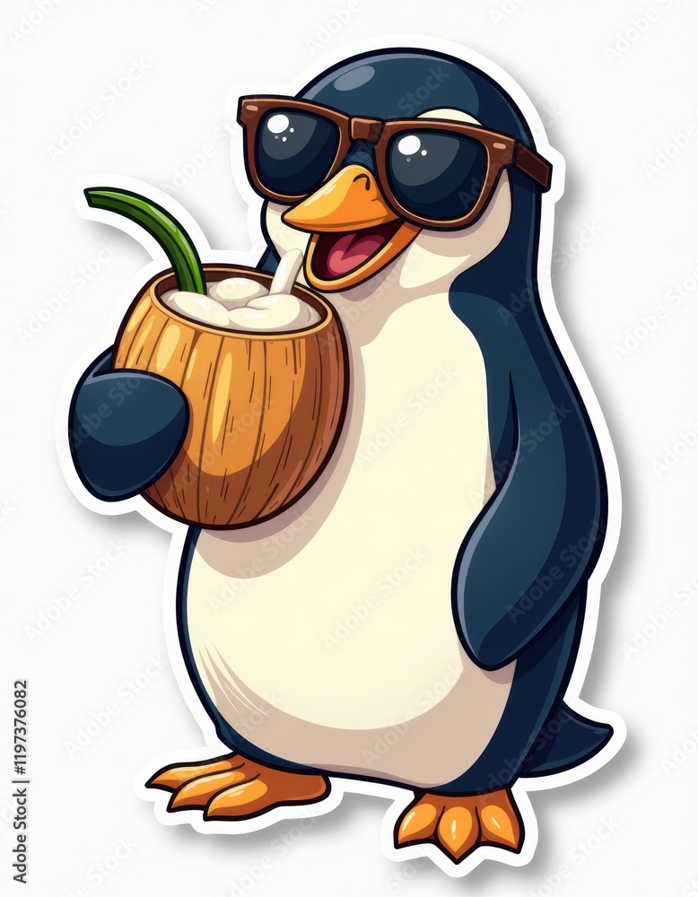 Obraz premium Cool Penguin Enjoying a Coconut Drink