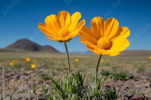 Bright yellow flowers bloom in a vast landscape under clear blue sky