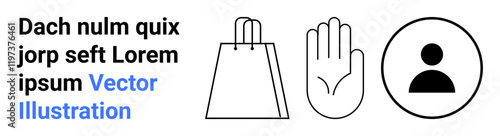 Shopping bag, hand gesture, and user profile icons next to placeholder text. Ideal for e-commerce, shopping, user interface, customer support, online services, accessibility features digital