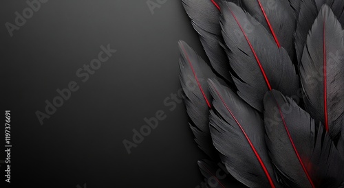 Dark and elegant black feathers with red accents arranged on a textured surface
