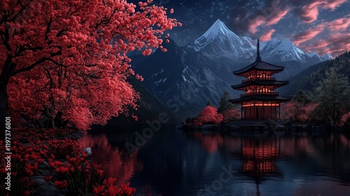 Vibrant Red Tree Standing Majestically Against a Stunning Mountain Backdrop Under Clear Blue Sky Evoking Feelings of Peace and Natural Beauty