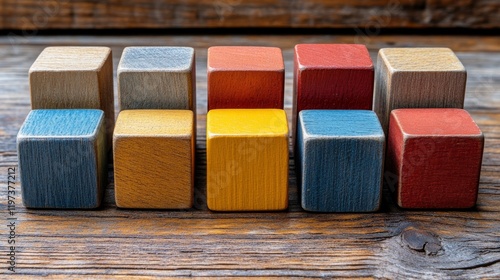 Colorful wooden blocks arranged in a grid on a rustic wooden surface