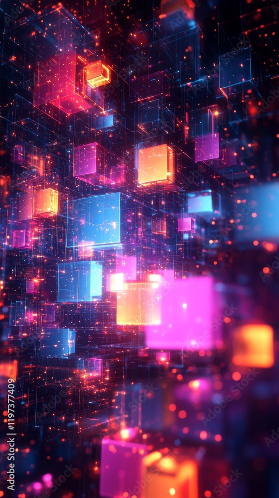 Fototapeta premium Vibrant 3D blocks illuminated with colorful lights create a mesmerizing visual effect in a digital environment
