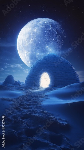 Illuminated igloo under a starry night sky in a remote winter landscape