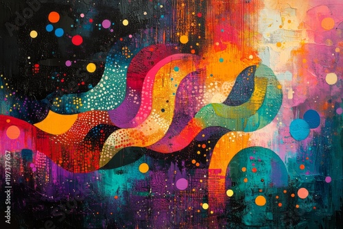 Colorful abstract art with vibrant circles and brush strokes in various hues
