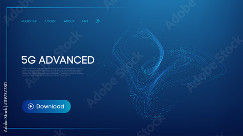 Abstract glowing blue lines with points representing 5G advanced technology. Big data blue technology background.