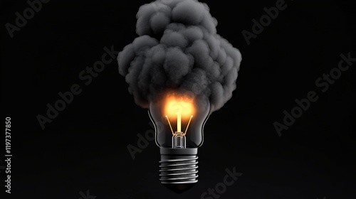 Smoking Light Bulb: A conceptual image of a lightbulb emitting dark smoke against a stark black background, symbolizing a failing idea or the negative consequences of a bad decision. photo