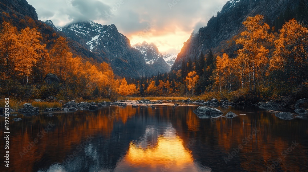 Obraz premium Serene River Flowing Gently Through Lush Green Valley with Majestic Mountains Towering in the Background under a Bright Blue Sky Filled with Clouds