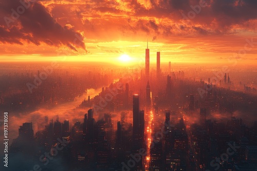 Stunning sunset skyline view over a bustling city with reflections on water