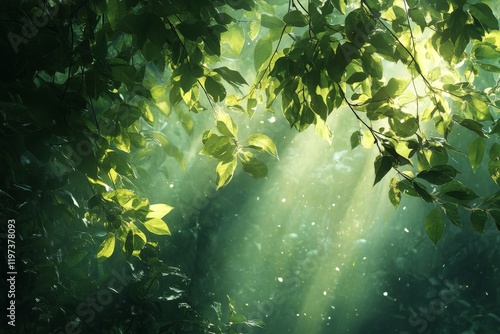 Dew-kissed green leaves shining in sunlight during a tranquil forest morning photo