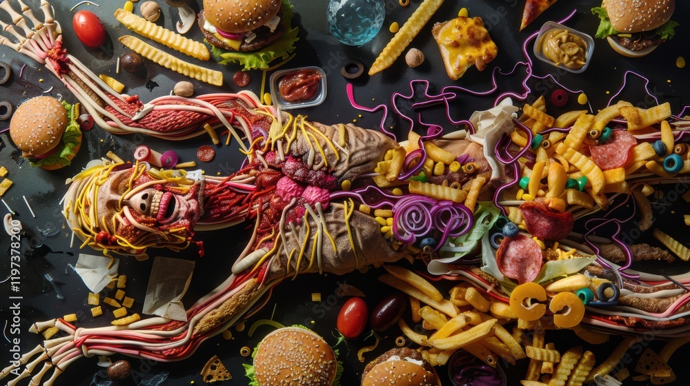 Naklejka premium Surreal human form made from vibrant and unhealthy fast food elements.