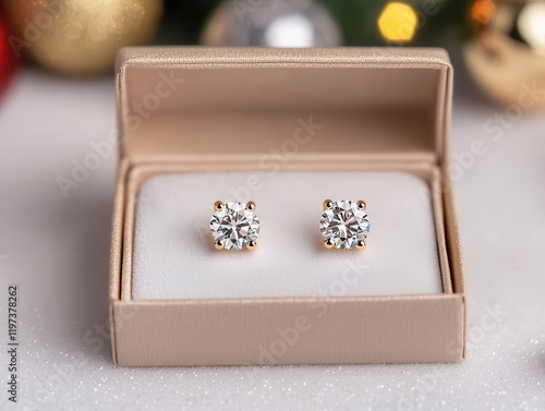 Dazzling diamond stud earrings in a box, surrounded by Christmas snow globes and decor