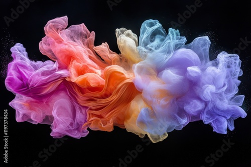 Colorful abstract cloud formation swirling in vibrant hues against a black ba...