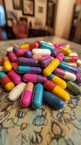 Vibrant assortment of colorful capsules on neutral background showcasing heal...