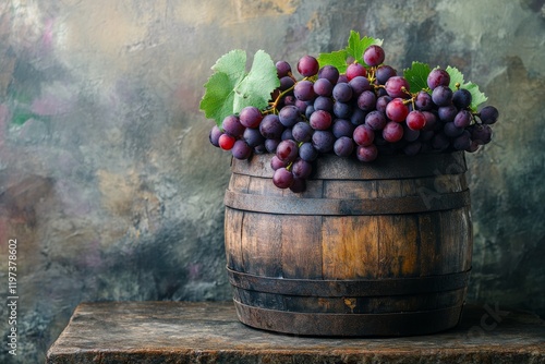 Freshly harvested red grapes in a wooden barrel amidst lush greenery in the v...