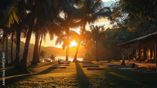 Serene yoga class in a tropical setting surrounded by lush mountains and peac...