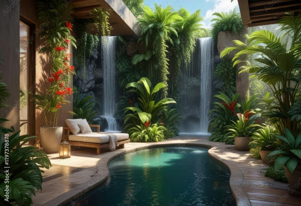 Fototapeta premium A tranquil balcony oasis with a waterfall feature and tropical plants, serene atmosphere, plants