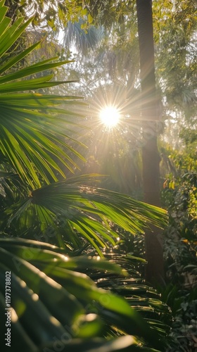 Light filtering through dense foliage in a vibrant tropical rainforest during...