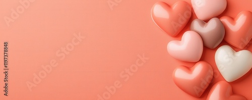 Modern candy hearts on vibrant background concept. Colorful hearts arranged on a soft coral background