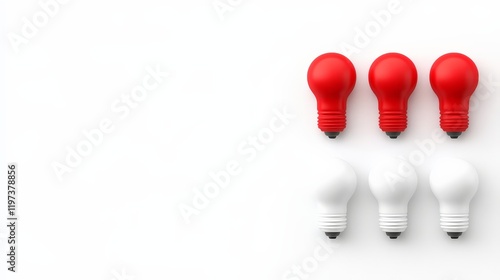 Red Lightbulb Ideas: A conceptual image of  six light bulbs arranged in a neat row, with the top two bulbs brightly lit in red and the bottom four bulbs in white.