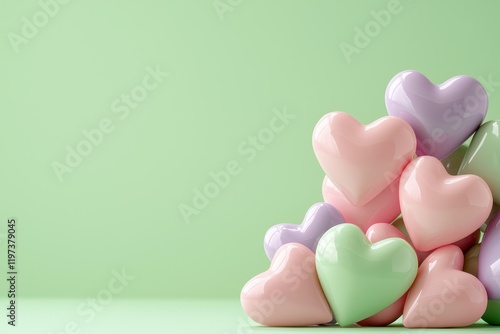 Modern candy hearts on vibrant background concept. Colorful heart-shaped candies on a soft green background