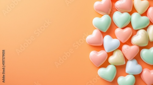 Modern candy hearts on vibrant background concept. Colorful heart-shaped candies on a vibrant orange background