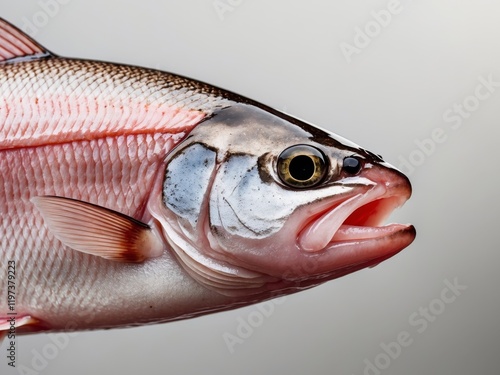 close up of pink raw trout fish fillet texture for background and design photo