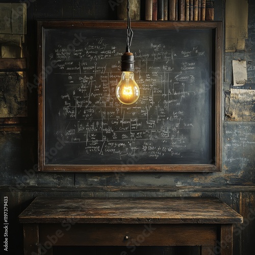Wooden table under glowing light bulb in a rustic room with a chalkboard fill...