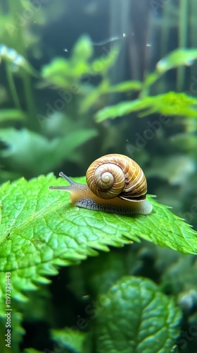 Snail slowly crawling on wooden surface among vibrant green plants in bright ...