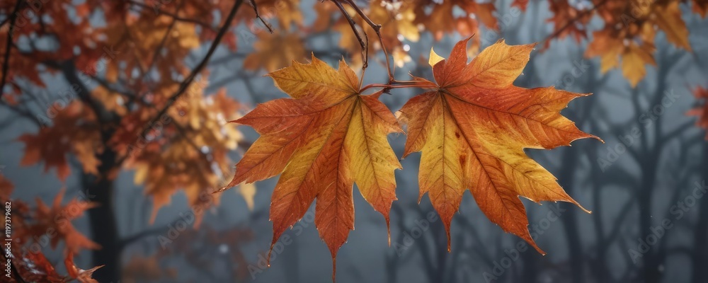 A vibrant autumn maple leaf unfurls its colors in the soft light of a rainy evening, morning twilight, flower petals A vibrant autumn maple leaf unfurls its colors in the soft light of a rainy evening, morning twilight, flower petals