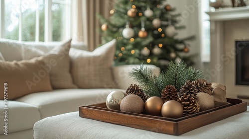 Elegant wooden tray with decorative elements on a cozy table in natural light