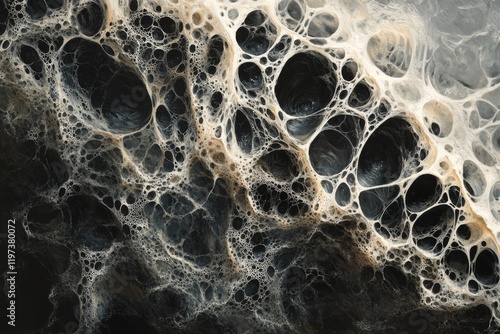 Intricate patterns of coffee foam swirling in a cup reveal rich textures and ...