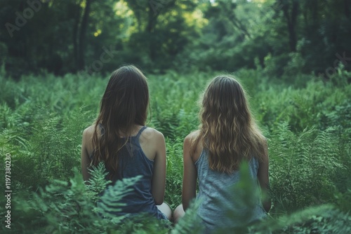 Two friends enjoy a peaceful moment overlooking a lush green landscape during...