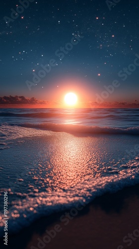 Gentle waves lap the shore as the sun rises over a tranquil beach on a cloudy...