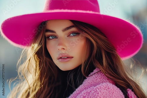 Young woman with long hair and pink hat poses against a blue background in a ...