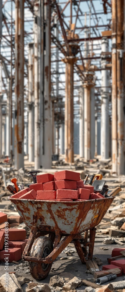 Naklejka premium A wheelbarrow filled with red bricks and tools in front of a construction site, construction, project, equipment