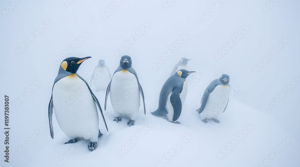 Obraz premium Emperor penguins standing in a blizzard during an Antarctic storm
