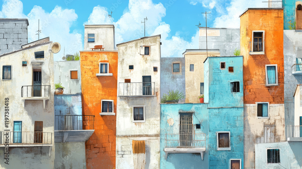 vibrant cityscape featuring retro style houses with colorful facades and balconies, showcasing charming urban atmosphere vibrant cityscape featuring retro style houses with colorful facades and balconies, showcasing charming urban atmosphere