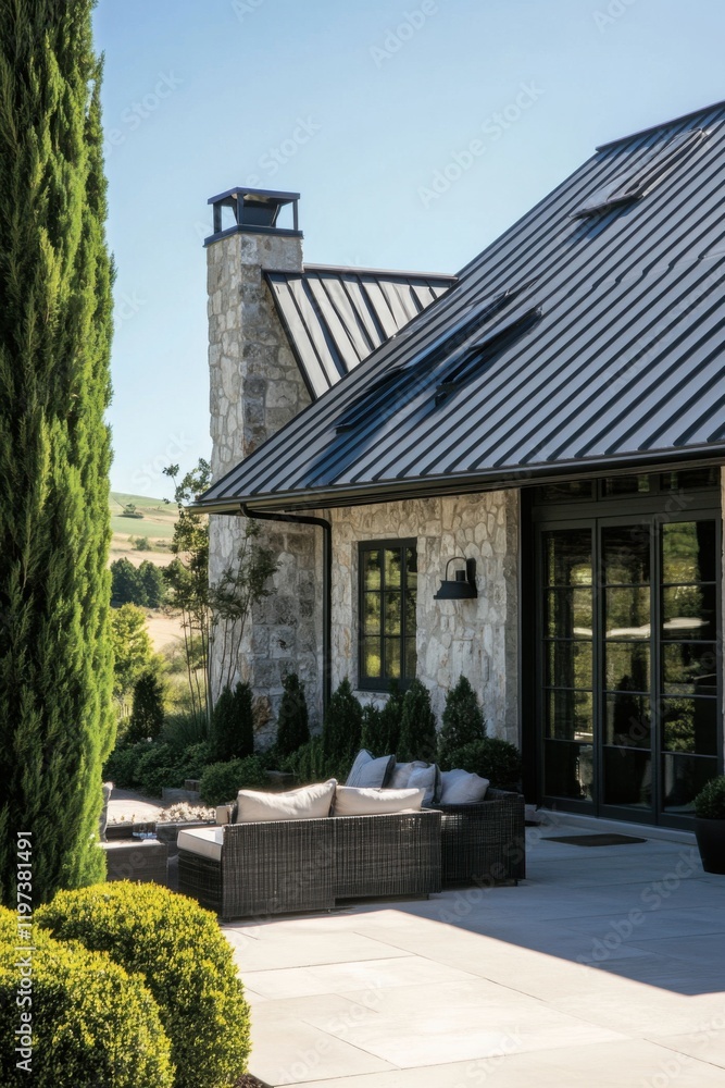 Cozy outdoor lounge area featuring modern furniture and landscaping in a serene countryside setting during a clear sunny day Cozy outdoor lounge area featuring modern furniture and landscaping in a serene countryside setting during a clear sunny day